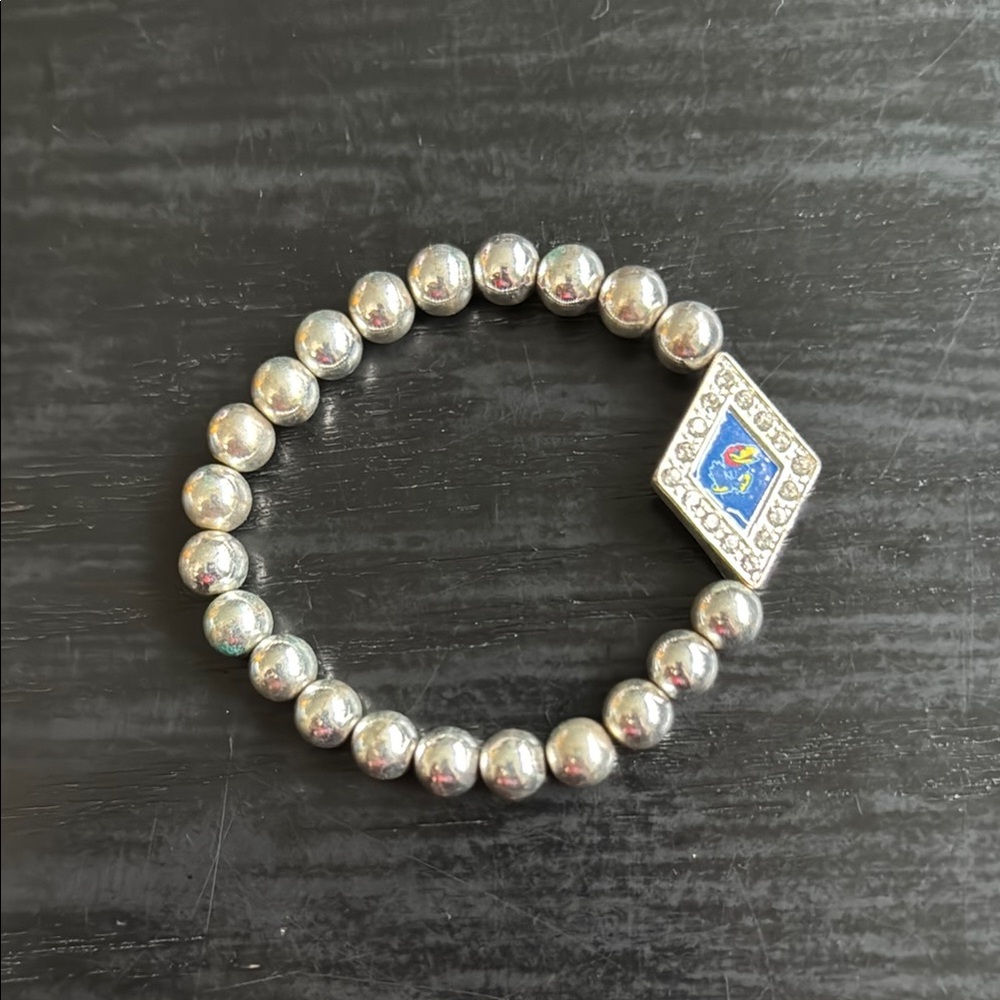 Silver Beaded Bracelet with KU Jayhawk Charm